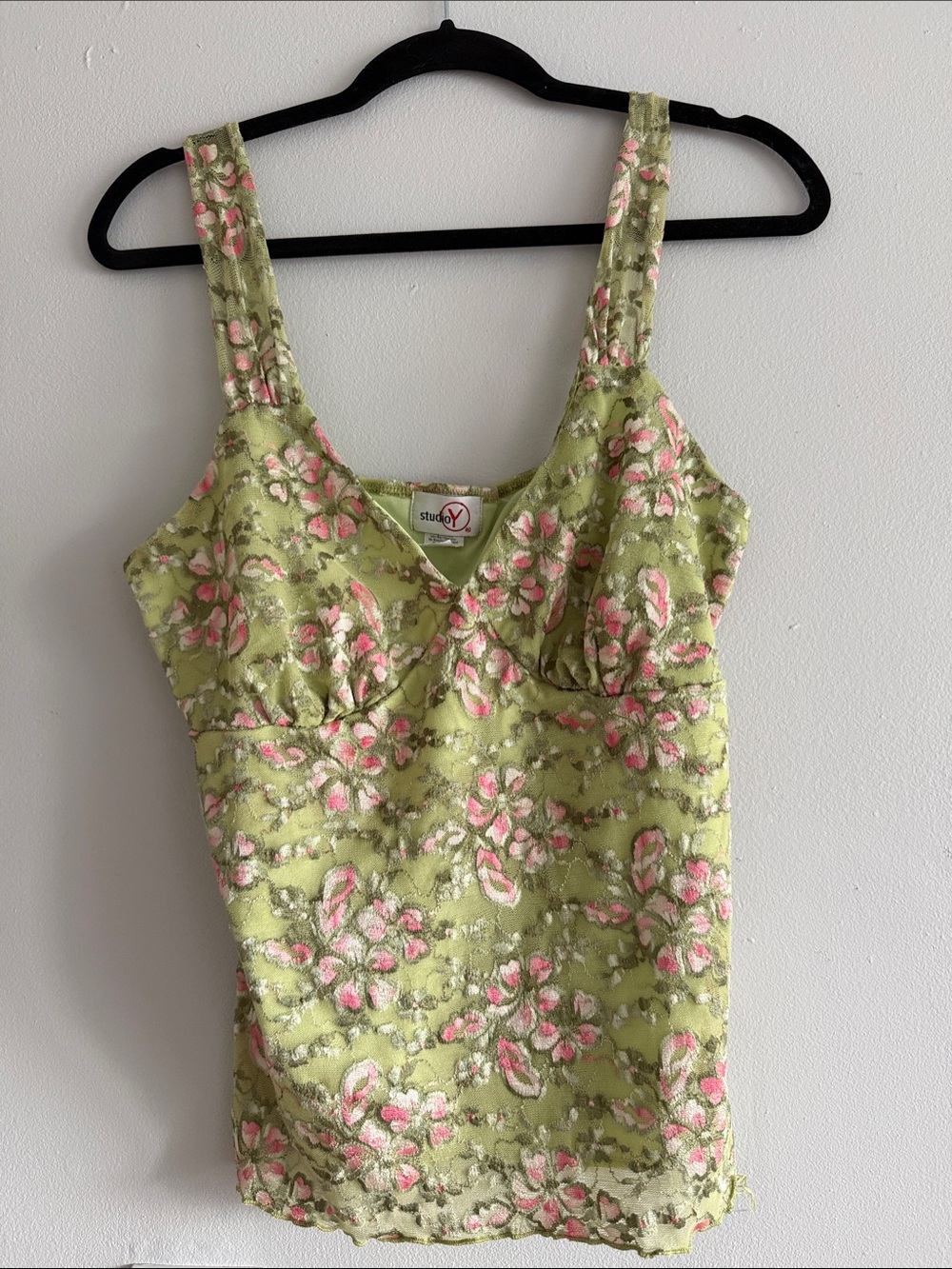 Studio Y Olive Green Floral Camisole with Pink Blossoms Y2K